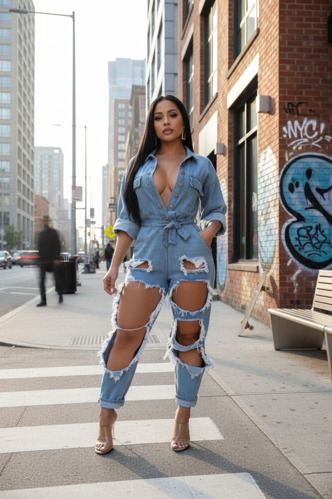 Distressed Long Sleeve Denim Jumpsuit Size: ML SKU: GH67681