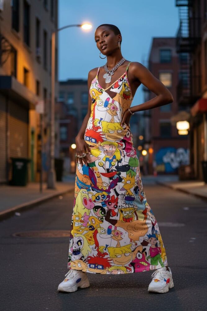 Cartoon Printed V-Neck Stretch Loose Fit Maxi Dress Size: XL SKU: D908675