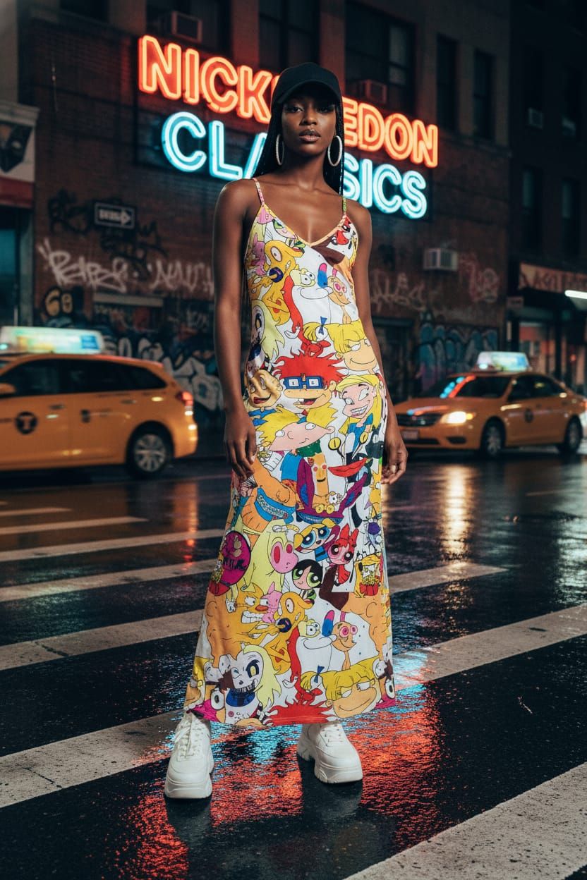 Cartoon Printed V-Neck Stretch Loose Fit Maxi Dress Size: XL SKU: D908675