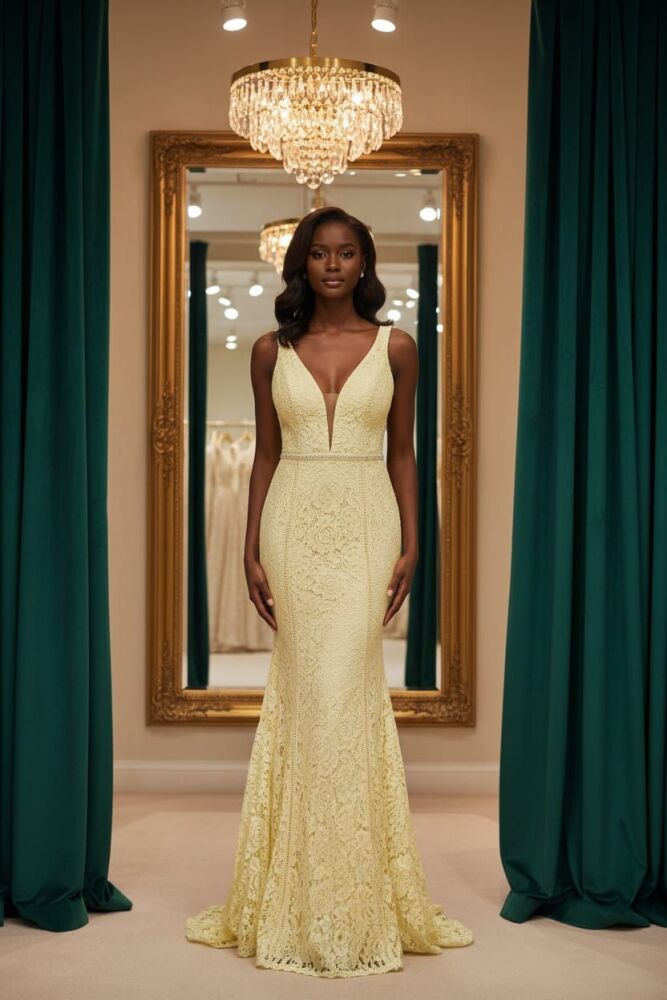 Pale Yellow Golden Aurelia Lace Gown Size: M SKU: B9N0891