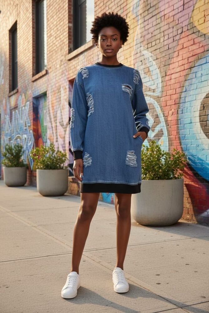 Distressed Details Denim Dress Size: S SKU: 4536000