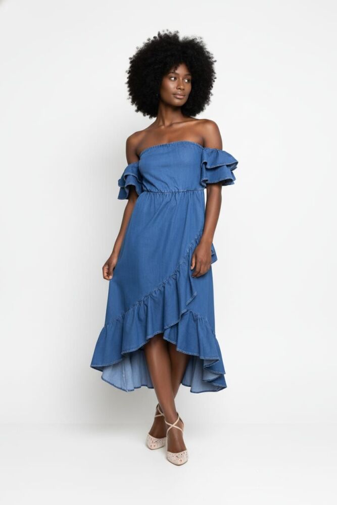 A023 OTS Ruffle Denim Dress Size: S