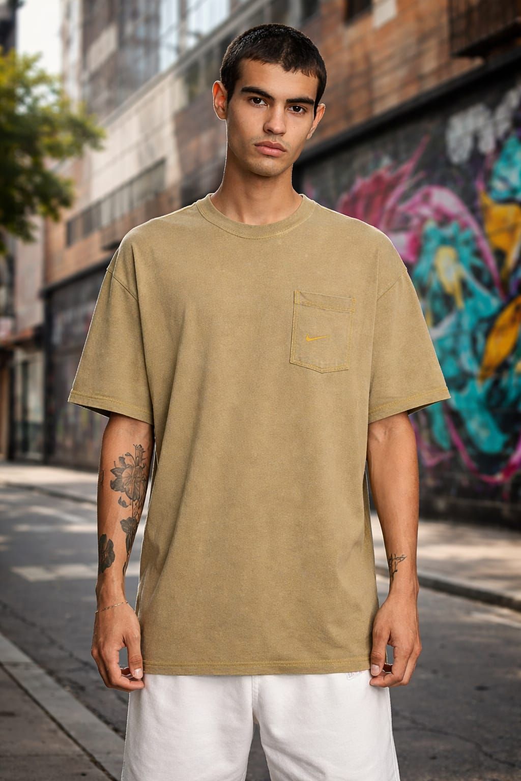 Nike Logo Print Oversize Tee in Beige/Gold SKU: 5657422