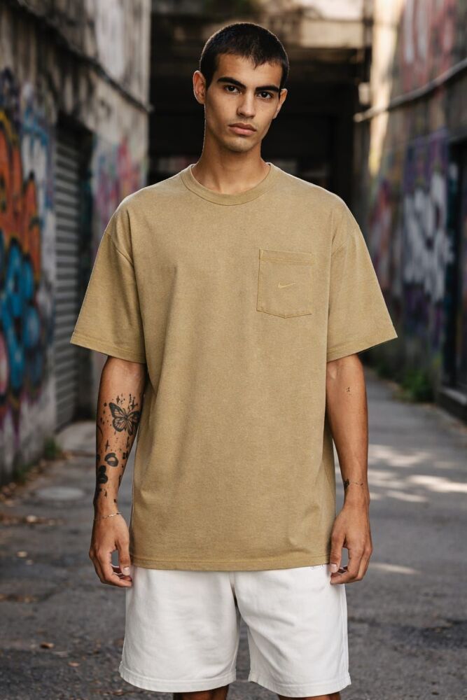 Nike Logo Print Oversize Tee in Beige/Gold SKU: 5657422