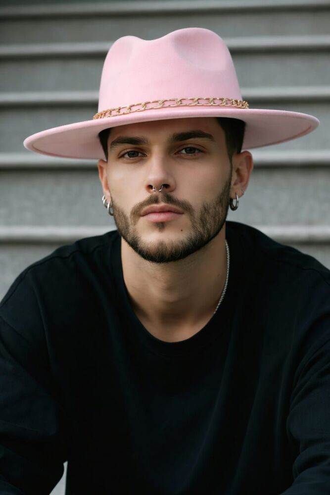 Pink Chain Decor Suede Top Fedora Hat
