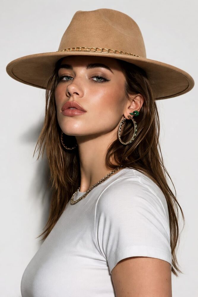 Khaki Chain Decor Suede Top Fedora Hat