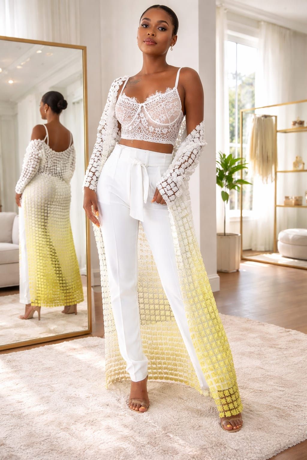 Yellow/White Pearl Floral Kimono Size: L SKU: 1107911