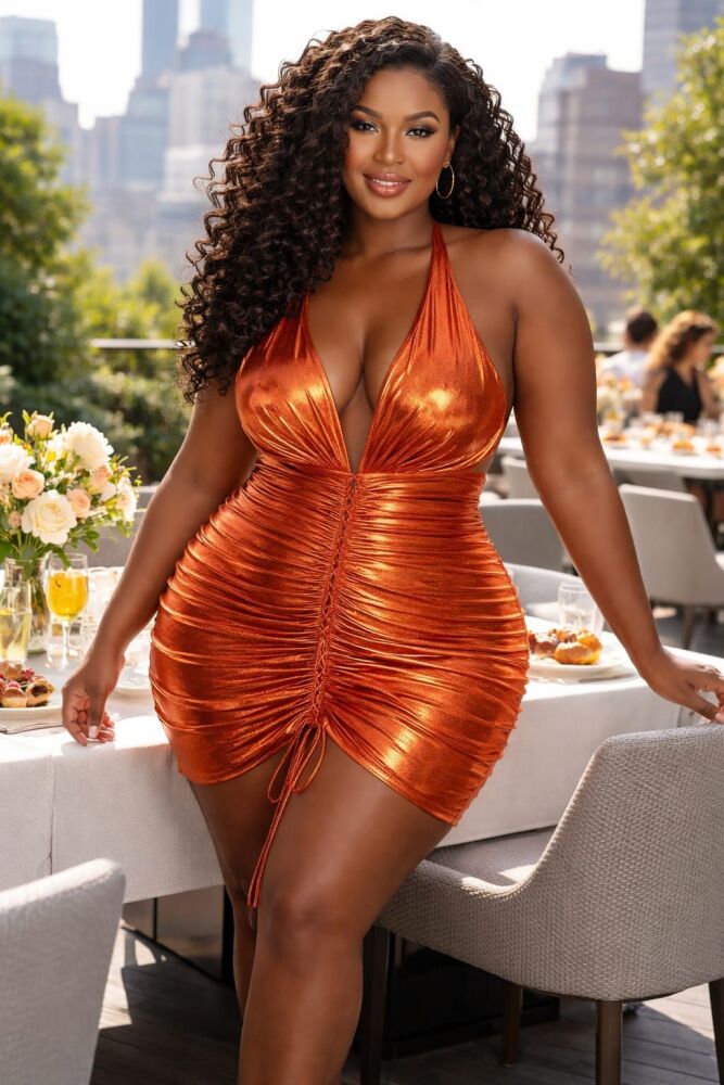 Orange Metallic Halter Mini Dress SKU: 3452100