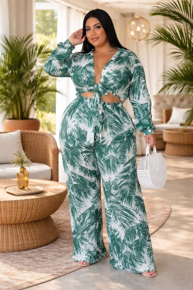 Green Palm Print Crop Top Palazzo Pant Set Size: 2XL SKU: 45612111