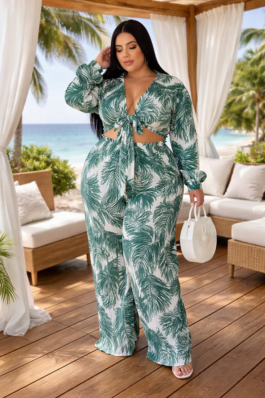 Green Palm Print Crop Top Palazzo Pant Set Size: 2XL SKU: 45612111