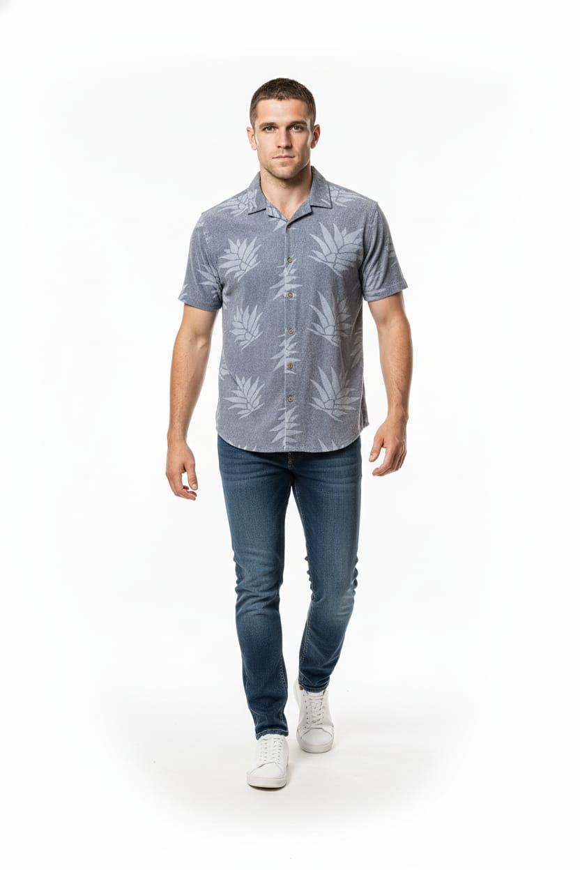 Malibu Grey Leaf Print Camp Shirt Size: M SKU: 6571120