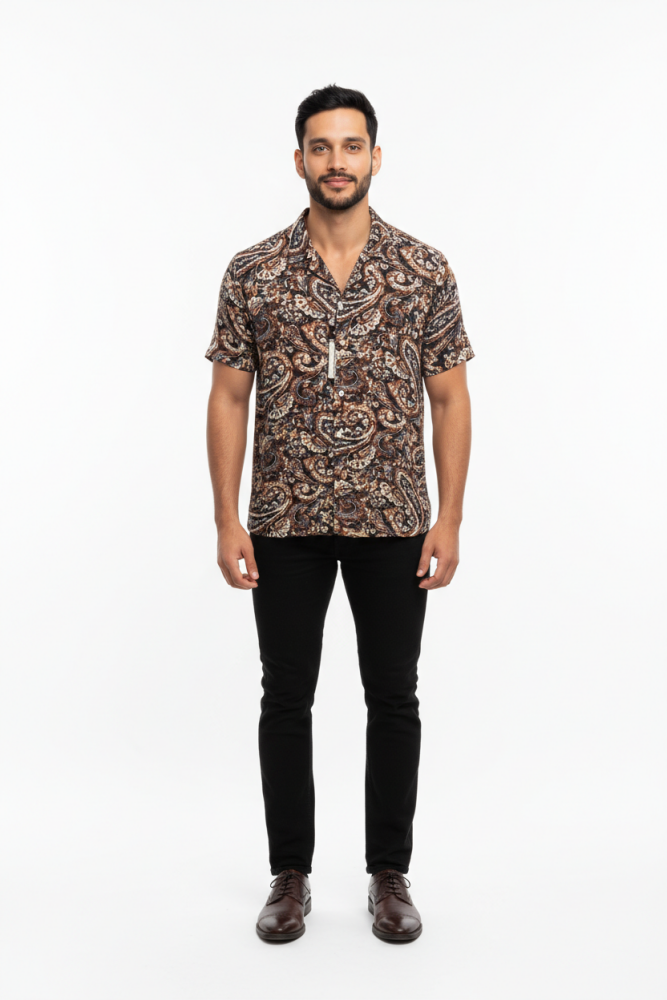 Linen Blend Brown Paisley Camp Collar Shirt Size: L SKU: 7680112