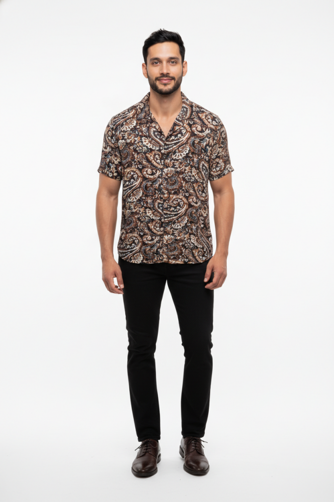 Linen Blend Brown Paisley Camp Collar Shirt Size: L SKU: 7680112