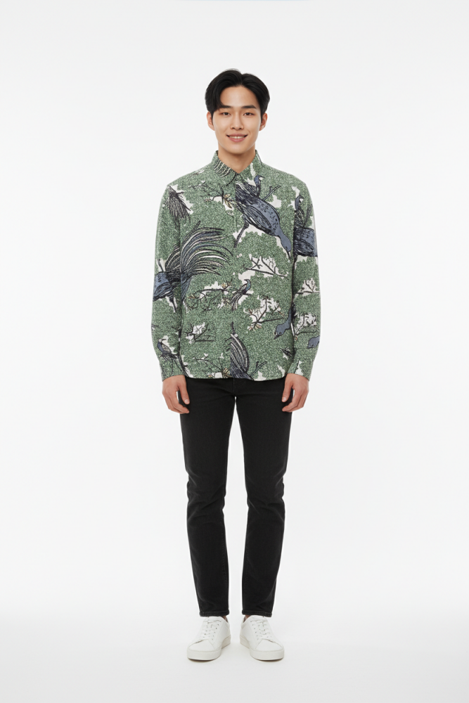 Perry Ellis Green Bird Print Long Sleeve Shirt Size: L SKU: 3451109