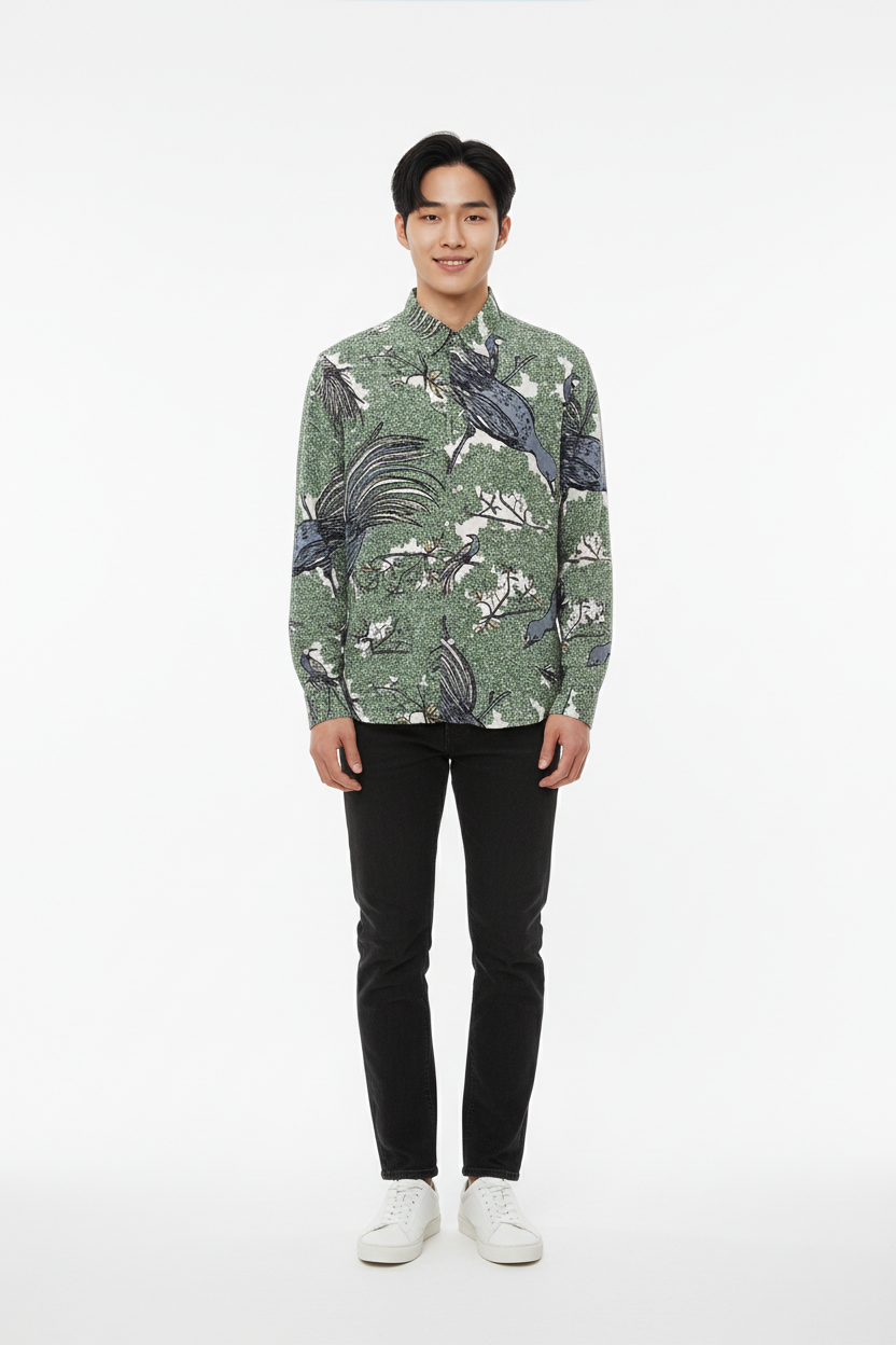 Perry Ellis Green Bird Print Long Sleeve Shirt Size: L SKU: 3451109