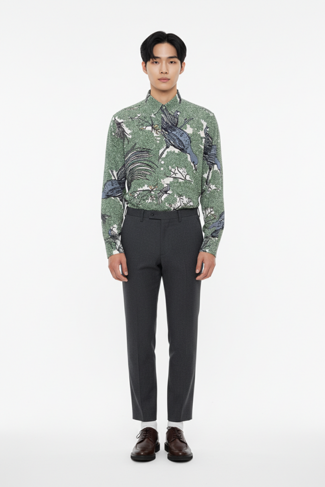Perry Ellis Green Bird Print Long Sleeve Shirt Size: L SKU: 3451109