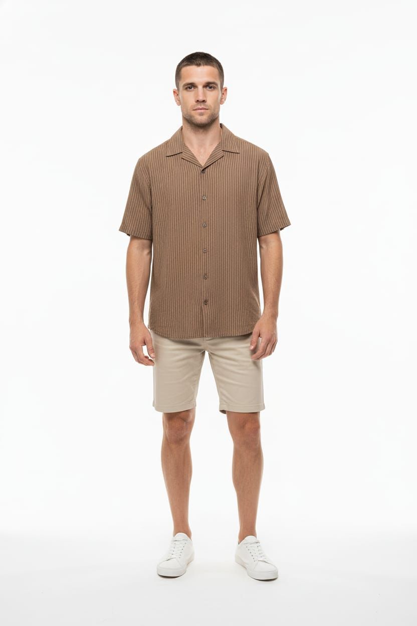 Brown Short-Sleeve Camp Collar Tan Stripe Texture Shirt Size: L SKU: 01B456