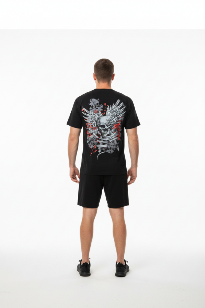 Black Gothic Punk Graphic Skull Print Tee Size: LSKU: 3453343