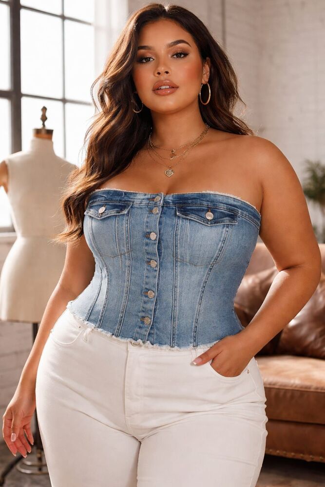 Classic Denim Button-Up Crop Top Size: XL SKU: 87456329