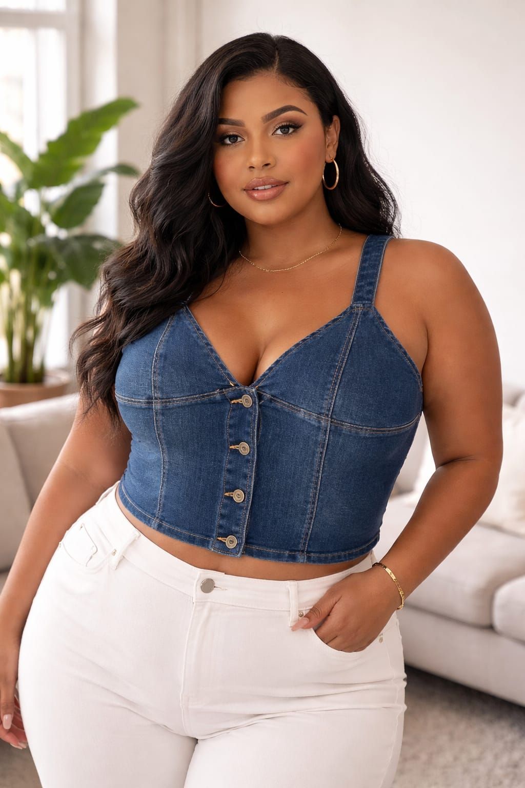 Classic Denim Button-Up Crop Top Size: XL SKU: 29384716