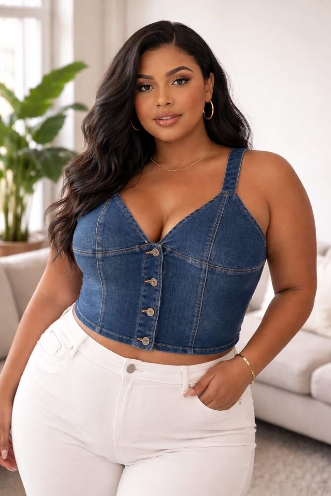 Classic Denim Button-Up Crop Top Size: XL SKU: 29384716