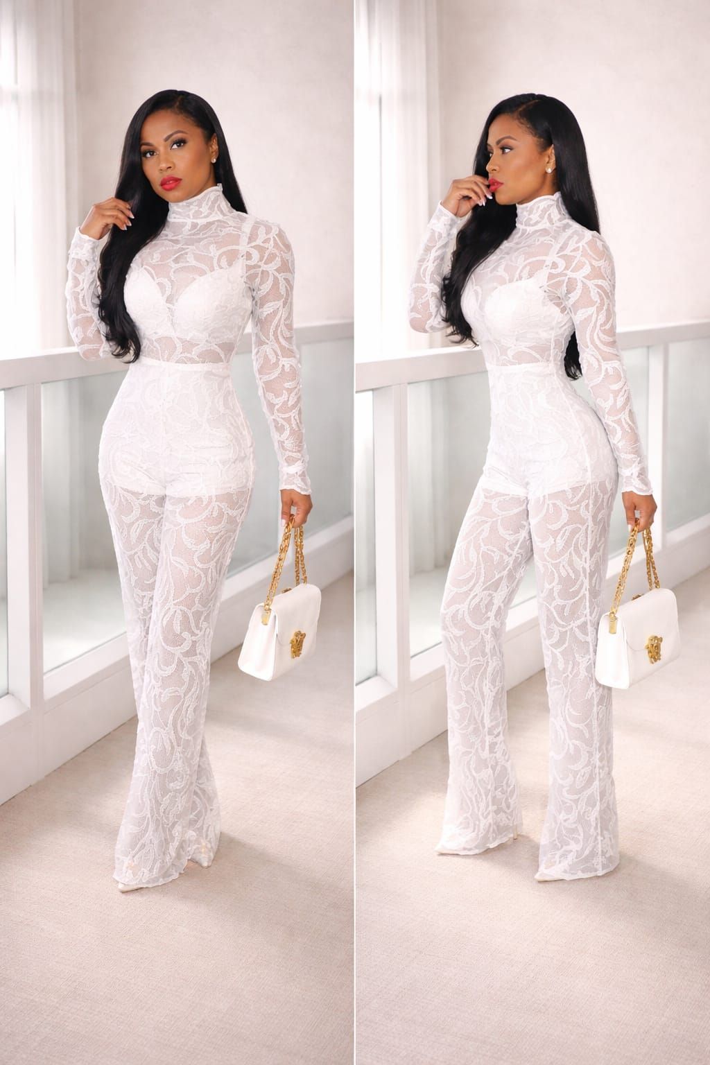 White LS Lace Jumpsuit Size: M SKU: H9015H4