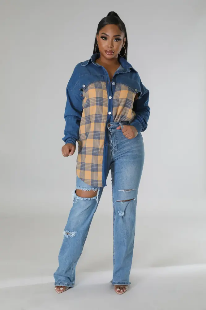 DENIM/RUST Hours Plaid Dress SKU: 76L6901