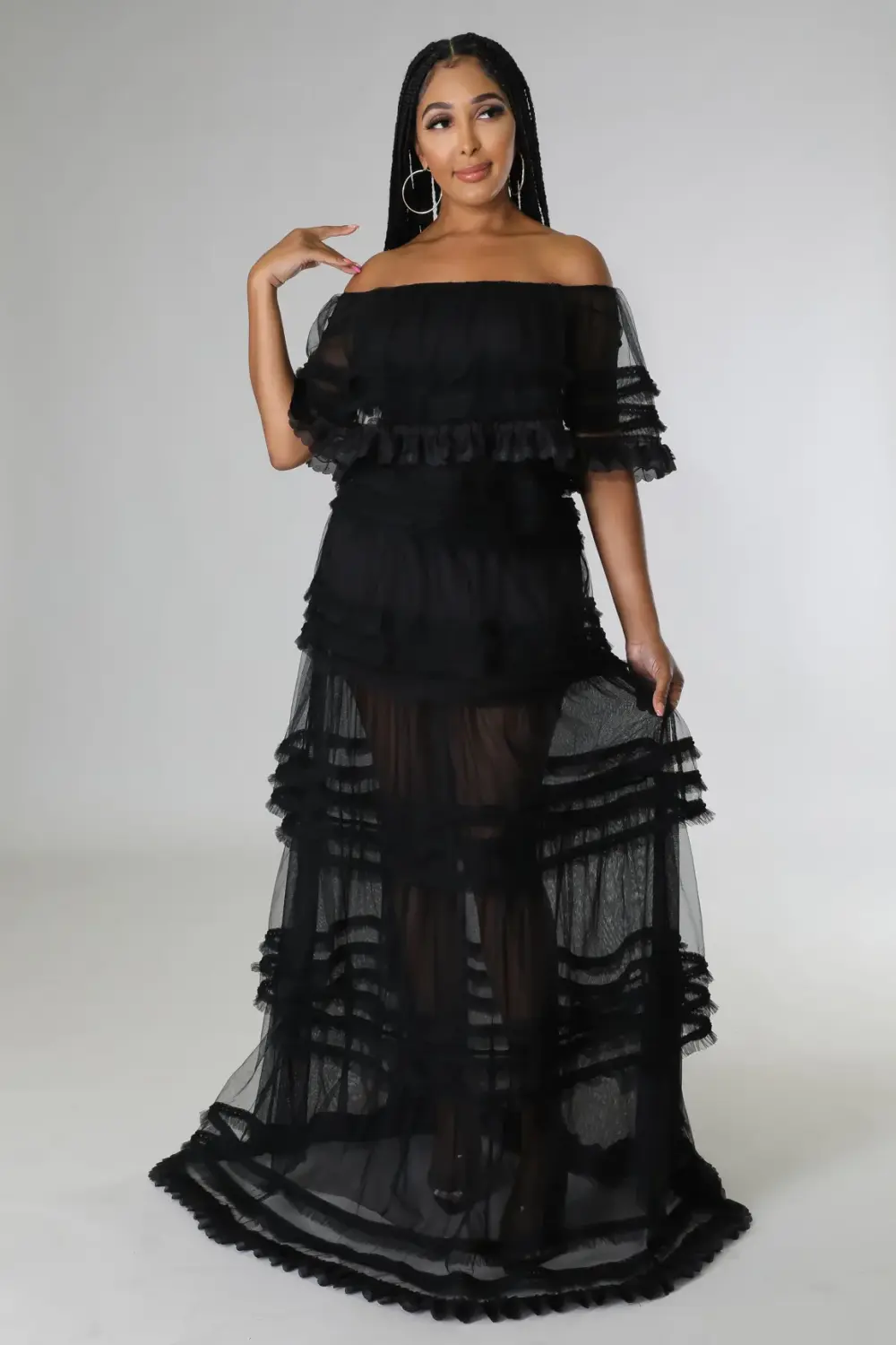 Black Off-the-Shoulder Tulle Maxi Dress Size: S SKU: 012A575
