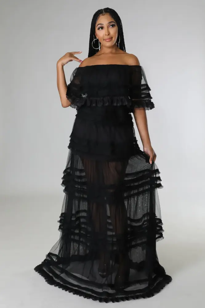 Black Off-the-Shoulder Tulle Maxi Dress Size: S SKU: 012A575