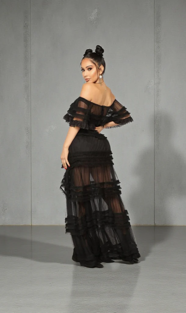 Black Off-the-Shoulder Tulle Maxi Dress Size: S SKU: 012A575