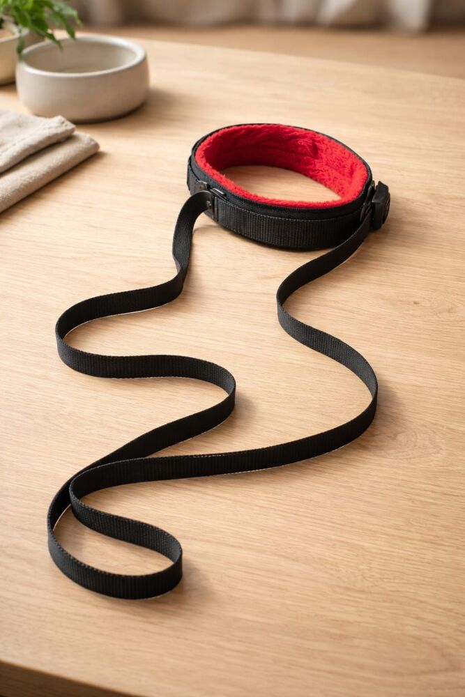 Black/Red Pu-Leather Leash Dog Collar Bondage Restraint Belt SKU: 7687012