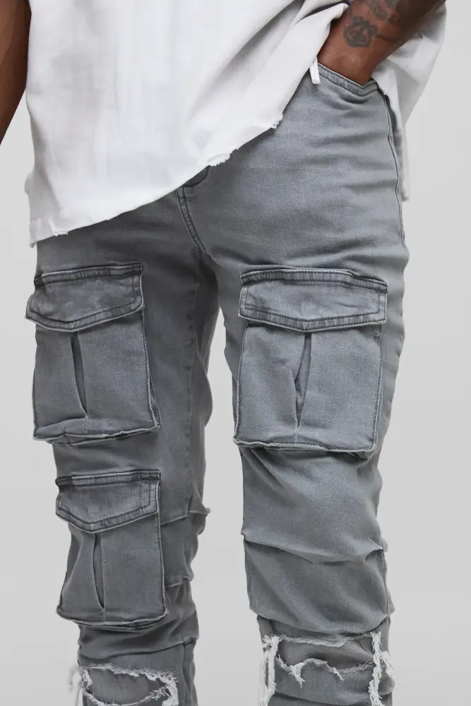 Grey Tall Stacked Multi Cargo Pocket Skinny Jeans SKU: 768L014