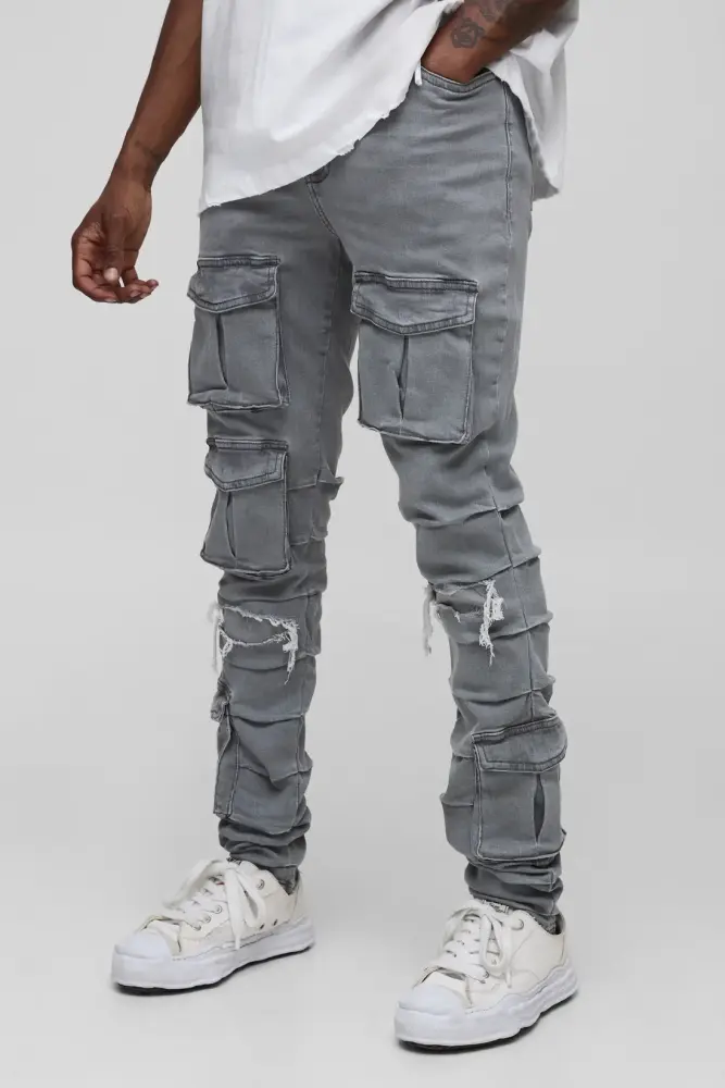 Grey Tall Stacked Multi Cargo Pocket Skinny Jeans SKU: 768L014