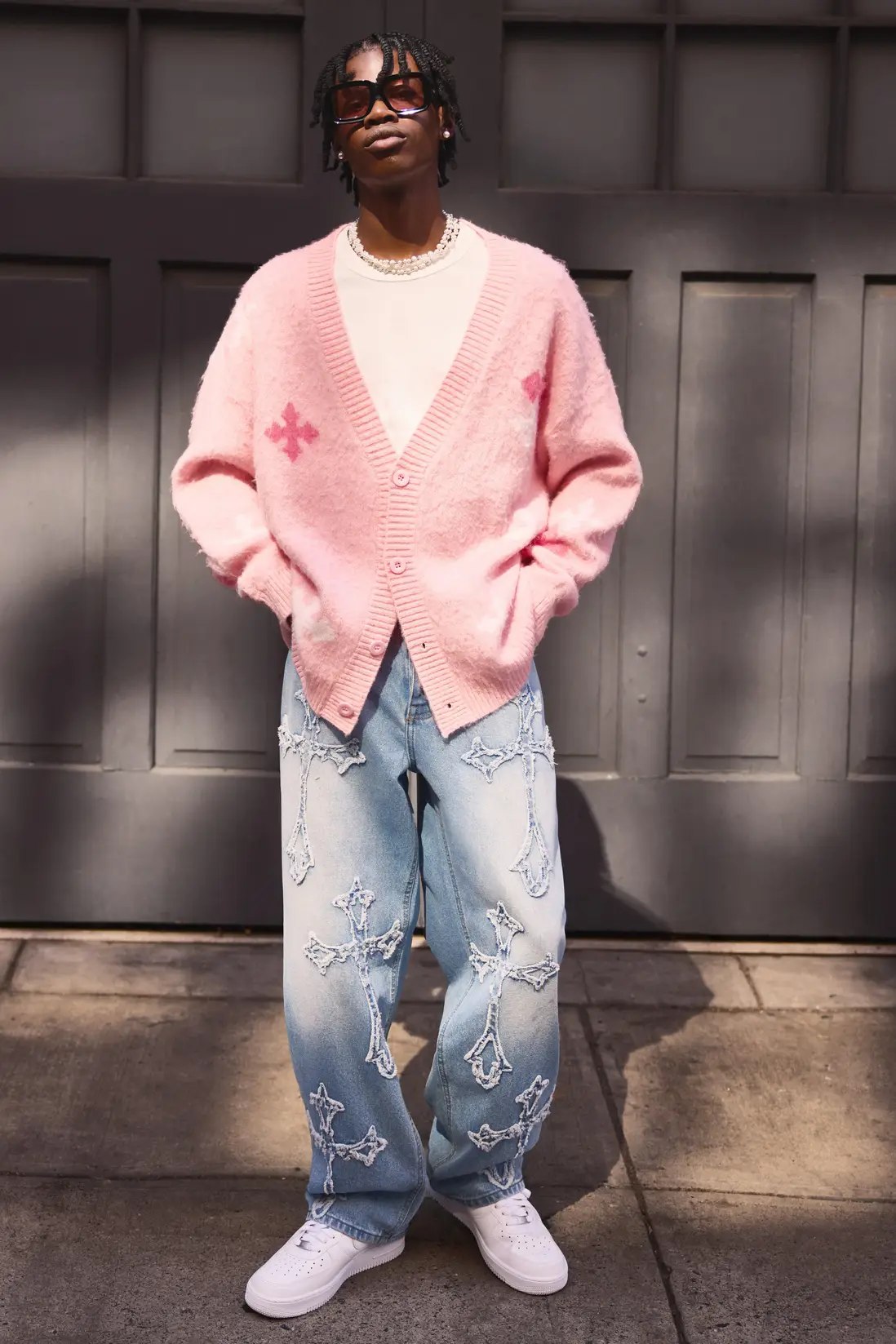 Baggy Rigid Washed Blue Cross Applique Jeans SKU: L015471