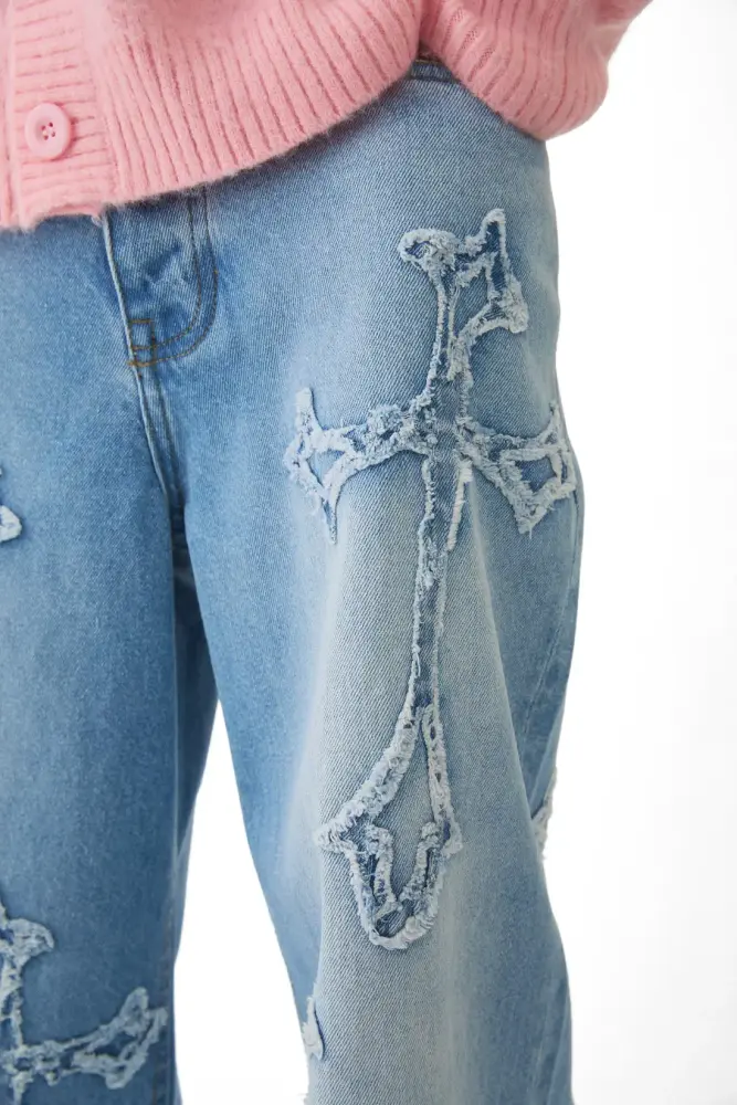 Baggy Rigid Washed Blue Cross Applique Jeans SKU: L015471