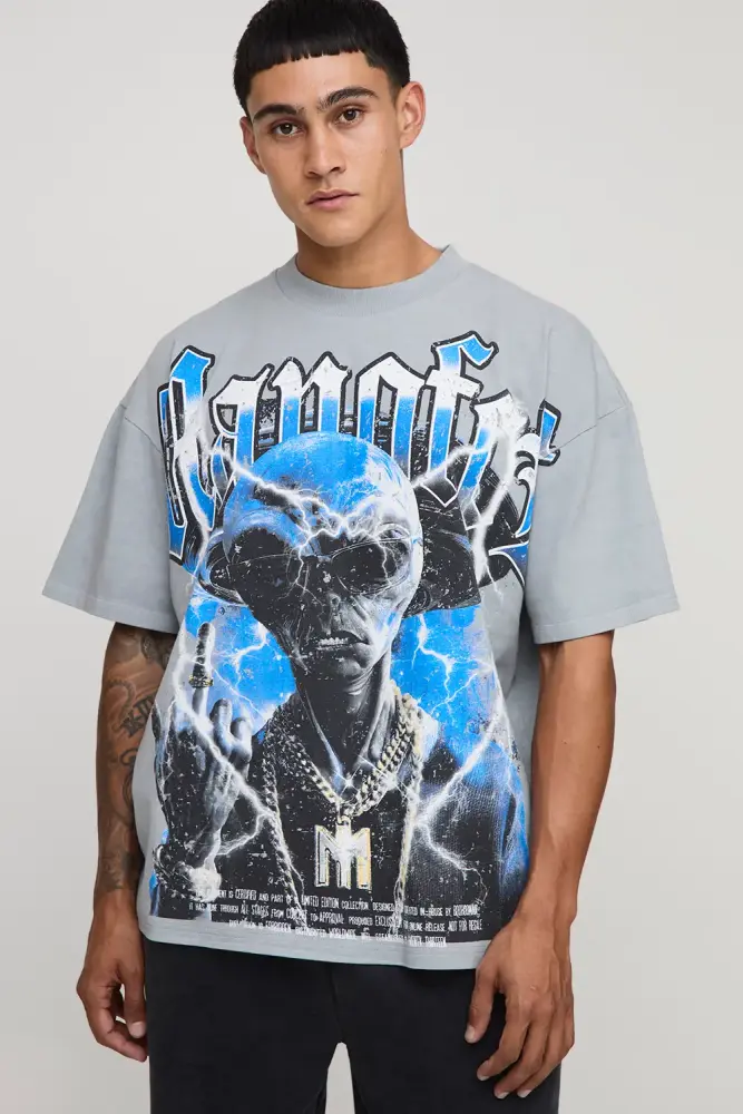Charcoal Oversized Gothic Alien Embellished Vintage Heavyweight Premium T-Shirt SKU: L026741