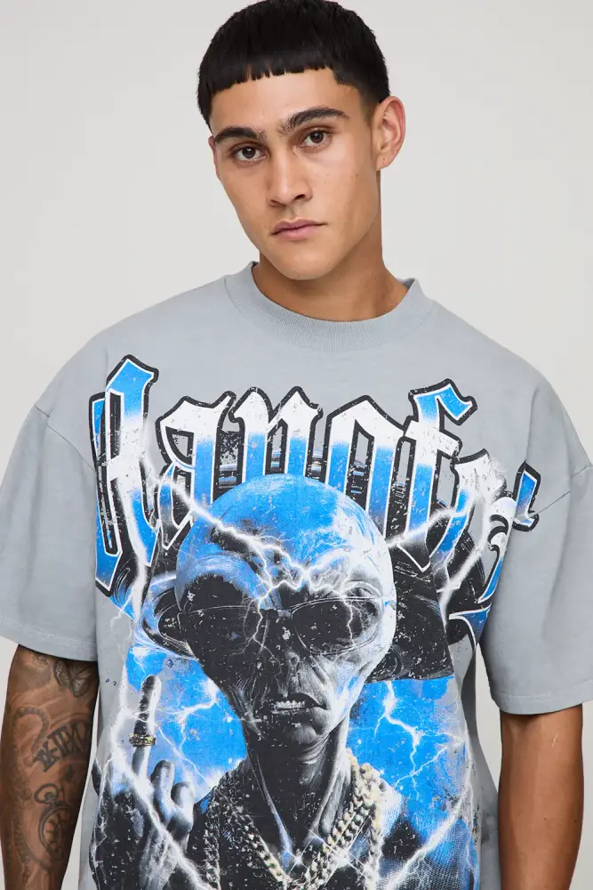 Charcoal Oversized Gothic Alien Embellished Vintage Heavyweight Premium T-Shirt SKU: L026741