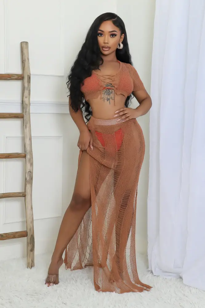 Brown Sheer Knit Lace-Up Beach Set SKU: 657168B
