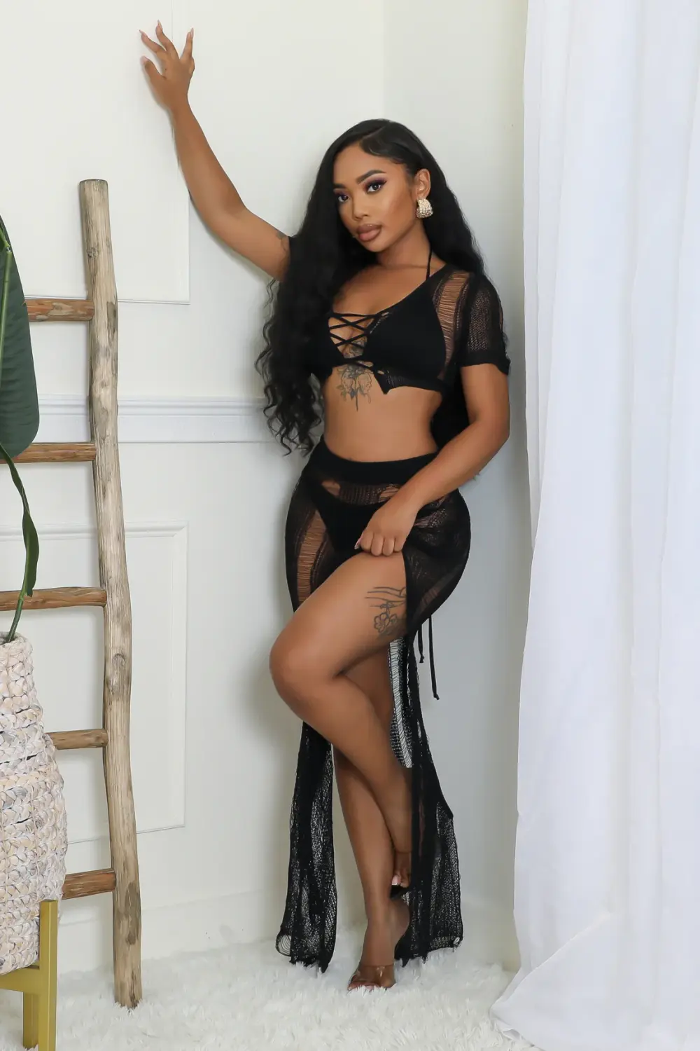 Black Sheer Knit Lace-Up Beach Set SKU: 6571681