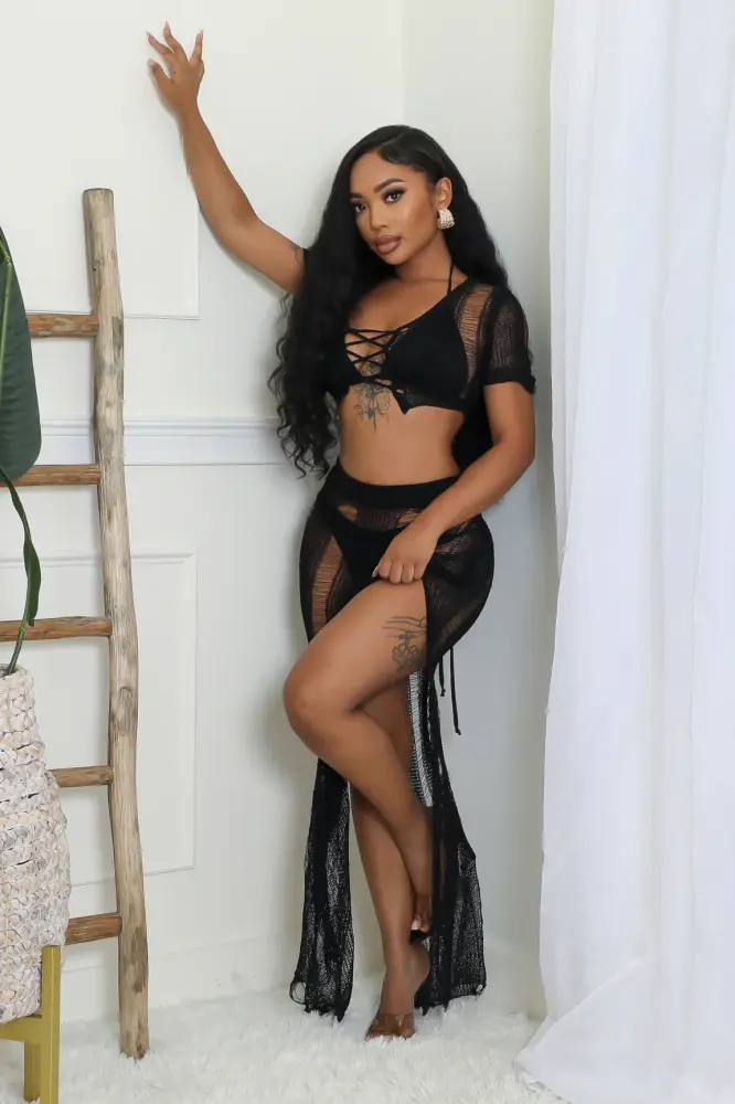 Black Sheer Knit Lace-Up Beach Set SKU: 6571681
