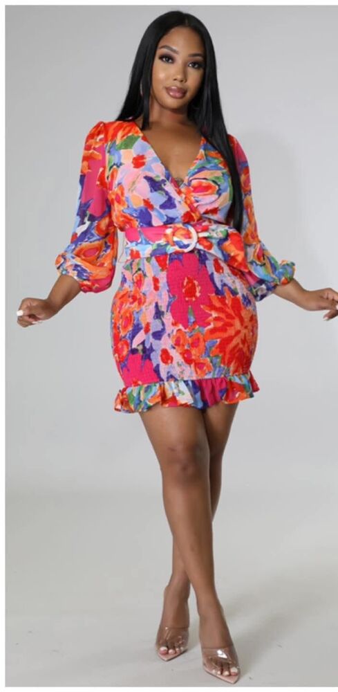 Tropical Print Midi Dress Belted SKU: 45301T0