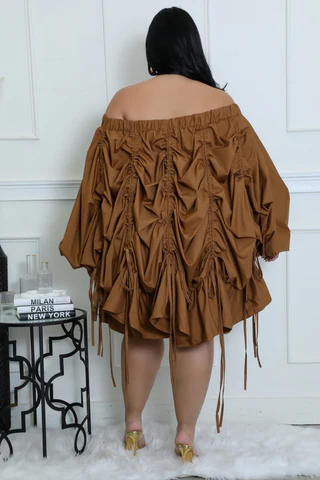 Brown Off Shoulder Drawstring Long Sleeve Ruffles Dress Size: 3XL SKU: F170L21