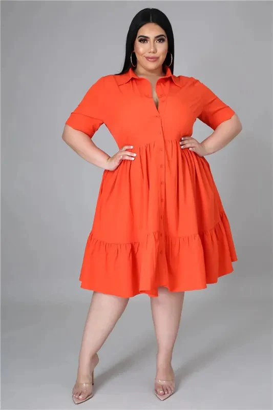 Orange Solid Short Sleeve Turn-down Collar Fit and Flare Dress Size: SKU: G79065L