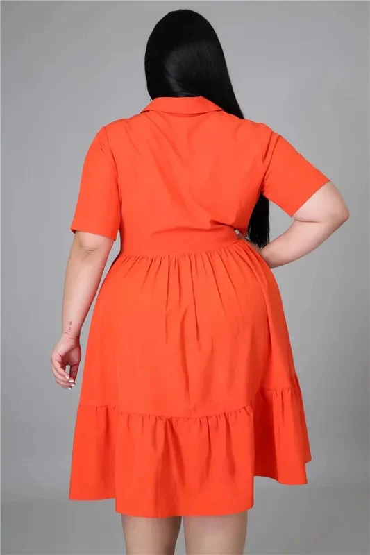 Orange Solid Short Sleeve Turn-down Collar Fit and Flare Dress Size: SKU: G79065L