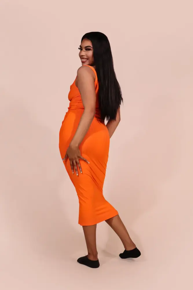 Orange Hollow Out Sexy Midi Dress Size: M SKU: N879022