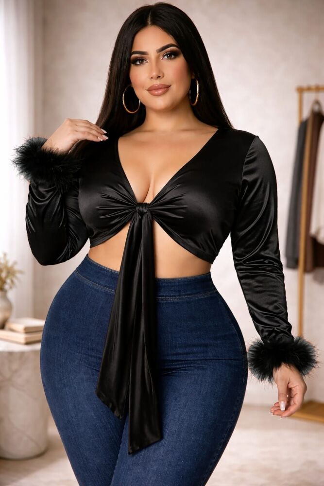 Black Knot Your Babe Velvet Fur Tie Tops SKU: 657L0E4