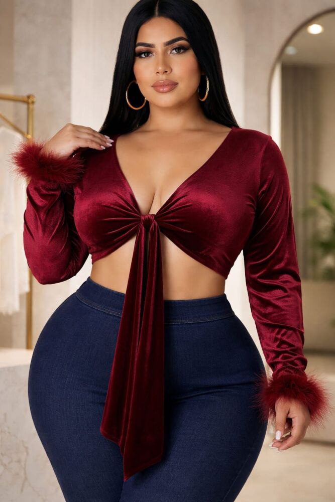 Knot Your Babe Velvet Fur Tie Tops SKU: 657L0E1