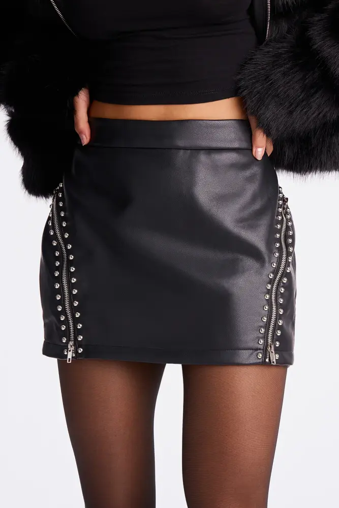 Black Studded Faux Leather Mini Skirt SKU: L312564