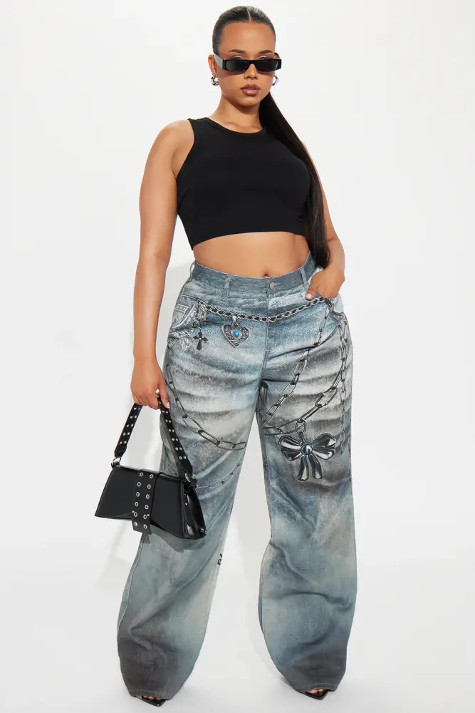 Medium Wash Printed Wide Leg Jeans Size: 22-3XL SKU: 657689N