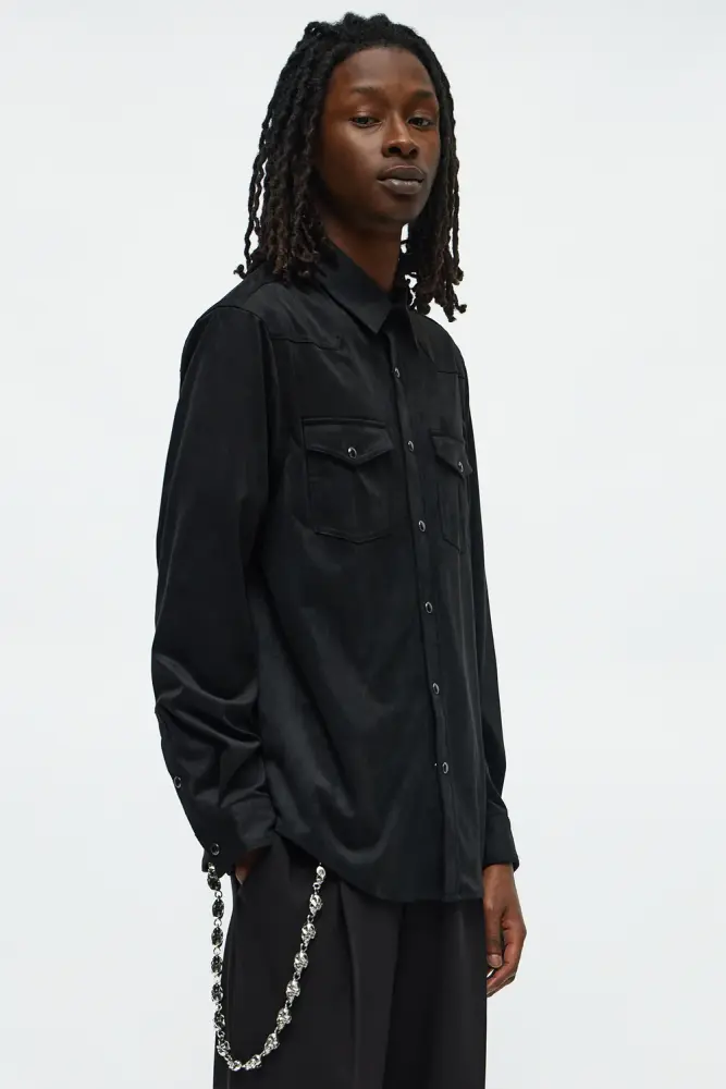 Black Faux Suede Button Up Shirt Size: L SKU: 8990ML1